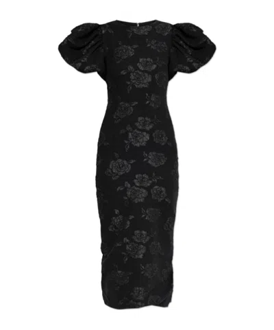 Rotate Birger Christensen Womens Black Puffed-sleeve Jacquard-texture Recycled Polyester-blend Midi