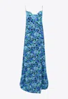 Rotate Birger Christensen Draped Floral-print Crepe De Chine Maxi Dress In Blue