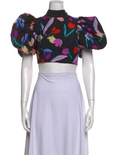 Pre-owned Rotate Birger Christensen Floral Print Mock Neck Crop Top In Black