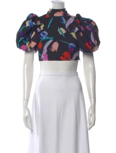 Pre-owned Rotate Birger Christensen Floral Print Mock Neck Crop Top In Blue