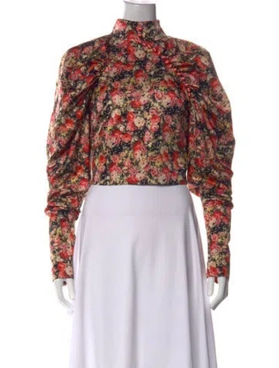 Pre-owned Rotate Birger Christensen Floral Print Mock Neck Top In Black
