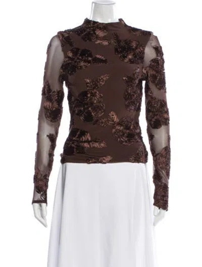 Pre-owned Rotate Birger Christensen Floral Print Mock Neck Top In Brown