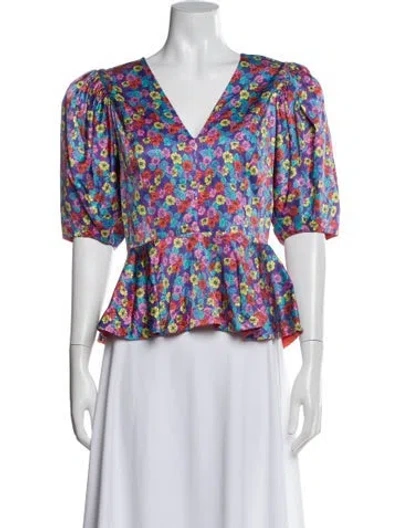 Pre-owned Rotate Birger Christensen Floral Print V-neck Top In Blue