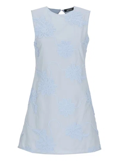 Rotate Birger Christensen Floral Relief Mini Flared Dress With Crewneck And Side Zip In Blue