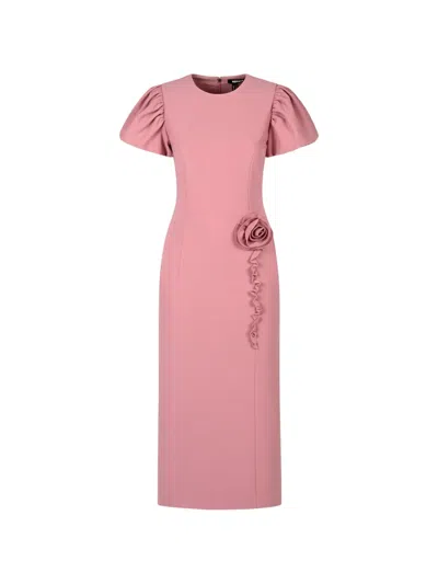 Rotate Birger Christensen Floral-appliqué Ruffled Midi Dress In Pink
