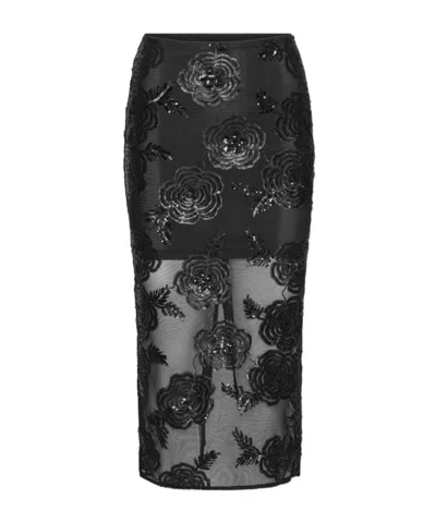 Rotate Birger Christensen Floral-embellishment Midi Skirt In Black