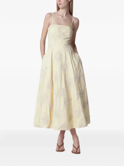 Rotate Birger Christensen Embroidered Cotton Midi Dress In Yellow