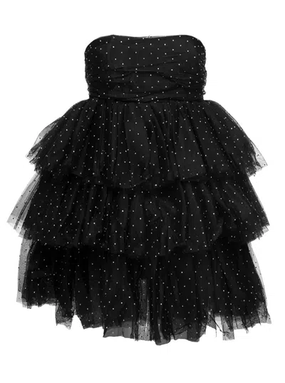 ROTATE BIRGER CHRISTENSEN FLOUNCED DRESS WITH ALL-OVER RHINESTONES EMBELLISHMENT IN MESH
