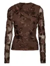 Rotate Birger Christensen Flower-embellishment Mesh Long-sleeve Top In Brown