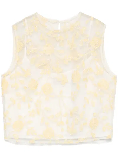 Rotate Birger Christensen Flower-embroidered Beaded Top In Yellow