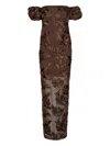 Rotate Birger Christensen Rotate Brown Long Dress With Embossed Flowers In Animal Print