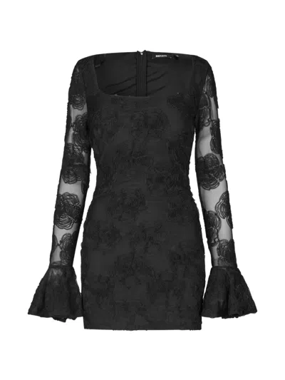Rotate Birger Christensen Flower Mesh Long-sleeve Mini Dress In Black
