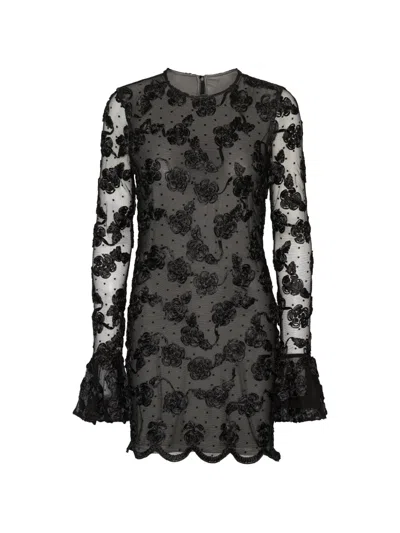 Rotate Birger Christensen Mesh Dress Floral Embroidery Flared Sleeves In Black