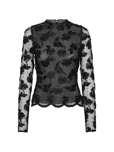 Rotate Birger Christensen Rotate Floral Mesh Long-sleeve Top With Back Zip Closure In Black