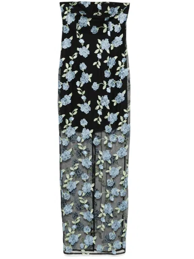Rotate Birger Christensen Fitted Strapless Evening Dress With Floral Embroidery In Black