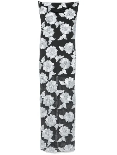 Rotate Birger Christensen Long Dress With All-over Floral Motif And Semi Sheer Lower Part In Tech Fabric In Black Comb