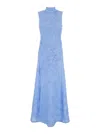 Rotate Birger Christensen Long Floral Maxi Dress In Recycled Polyester With 3d Roses In Light Blue