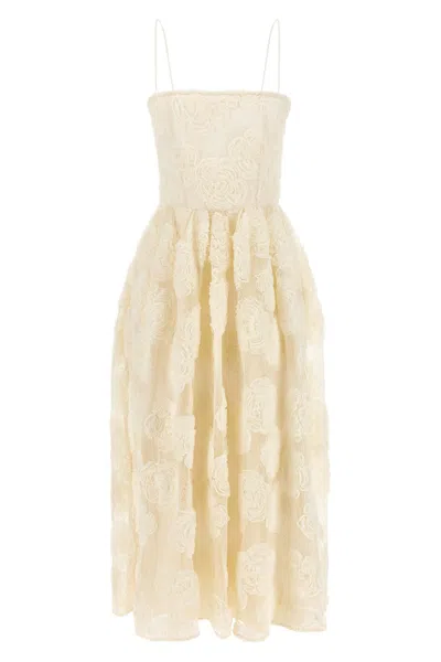 Rotate Birger Christensen Floral Mesh Midi Dress Sheer Overlay In Neutral