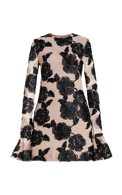 Rotate Birger Christensen Flower Mesh Mini Dress In Beige/black