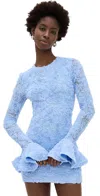 Rotate Birger Christensen Light Blue Mini Dress With Puffed Long Sleeves And All-over Floral Motif In Tech Fabric Woman In Skyway