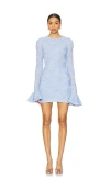 Rotate Birger Christensen Light Blue Mini Dress With Puffed Long Sleeves And All-over Floral Motif In Tech Fabric Woman In Skyway Blue