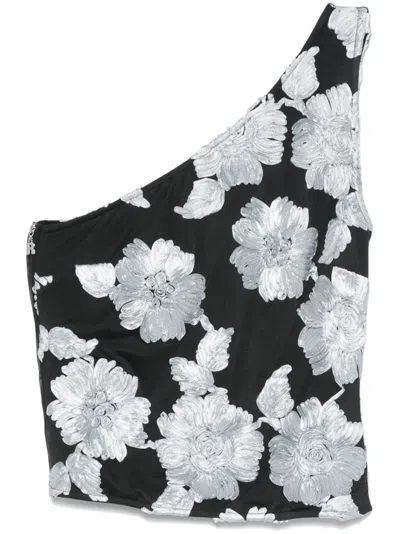 Rotate Birger Christensen Flower Mesh Top In Gray Pinstripe Comb.