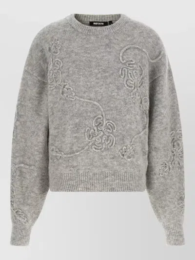Rotate Birger Christensen Flower Motif Cropped Knit Crew Sweater In Gray