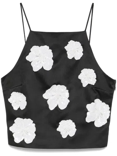 Rotate Birger Christensen Flower Satin Top In Black/white