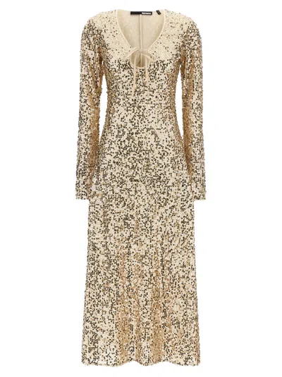 ROTATE BIRGER CHRISTENSEN WOMEN GOLD NET SEQUINS MIDI DRESS, XS LUXURY DRESSES FOR WOMEN DARVEYS