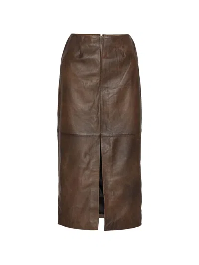 Rotate Birger Christensen Gonna Midi In Pelle Marrone Con Spacco Rotate In Brown