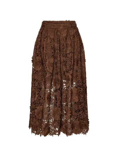 Rotate Birger Christensen Gonna Midi Marrone Con Pizzo Floreale Rotate In Brown