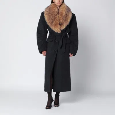 Rotate Birger Christensen Grey Coat With Faux Fur Collar In Brown