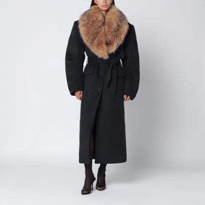 Rotate Birger Christensen Grey Coat With Faux Fur Collar In Gray