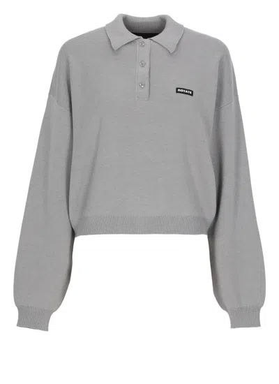 Rotate Birger Christensen Grey Slinky Knit Polo Shirt In Gray