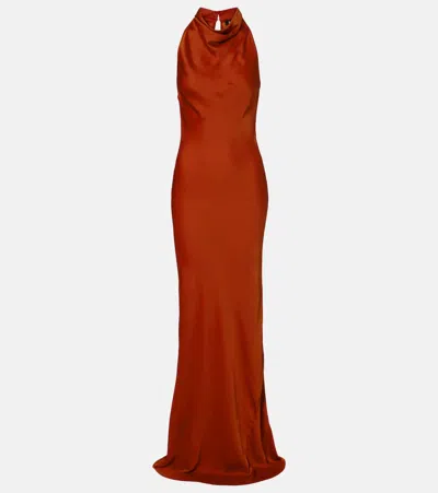Rotate Birger Christensen Halterneck Satin Gown In Brown
