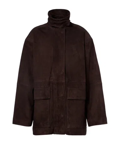Rotate Birger Christensen High Collar Long Sleeve Leather Jacket In Brown