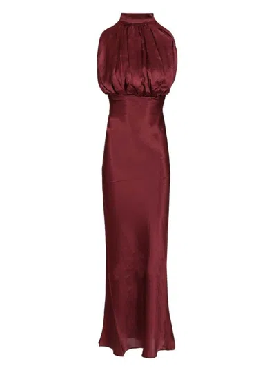 Rotate Birger Christensen High Gathered Neckline Silk Maxi Dress In Red