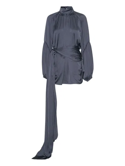 ROTATE BIRGER CHRISTENSEN HIGH-NECK GRAY MINI DRESS WITH VOLUME SLEEVES