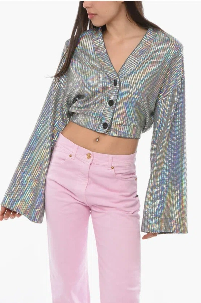 Rotate Birger Christensen Holographic Effect Kristinia Cropped Cardigan In Grey