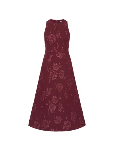 Rotate Birger Christensen Rotate Sleeveless Jacquard Midi Dress With Front Keyhole And Flared Skirt In Burgundy