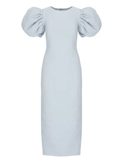 Rotate Birger Christensen Jacquard Midi Dress With Balloon Sleeves And Floral Embossing In Blue