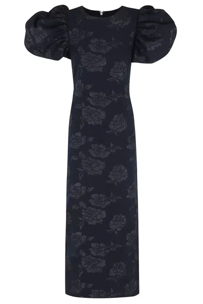 Rotate Birger Christensen Rotate Floral Patterned Puff Sleeved Long Dress In Blue