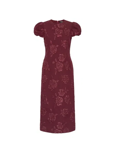 Rotate Birger Christensen Rotate Floral Jacquard Fitted Midi Dress With Short Puff Sleeves In Red