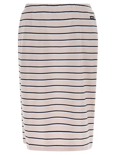 Rotate Birger Christensen Jersey Midi Skirt Horizontal Stripes Waistband In Pink