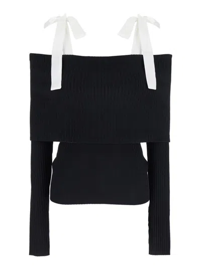 ROTATE BIRGER CHRISTENSEN 'JOSALINA' BLACK OFF-SHOULDER TOP WITH TIED BOW STRAPS IN VISCOSE BLEND WOMAN
