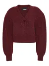 Rotate Birger Christensen Rotate Cropped Burgundy Sweater With Deep V-neckline And Floral Embellishment In Burgundy
