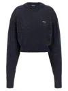 Rotate Birger Christensen Crew Neck Cropped Knit Puff Sweater In Black