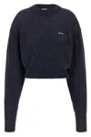 Rotate Birger Christensen Crew Neck Cropped Knit Puff Sweater In Blue
