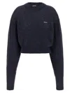 Rotate Birger Christensen Crew Neck Cropped Knit Puff Sweater In Blue