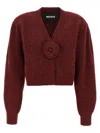 Rotate Birger Christensen Rose-embellished Puff-sleeve Cardigan In Burgundy